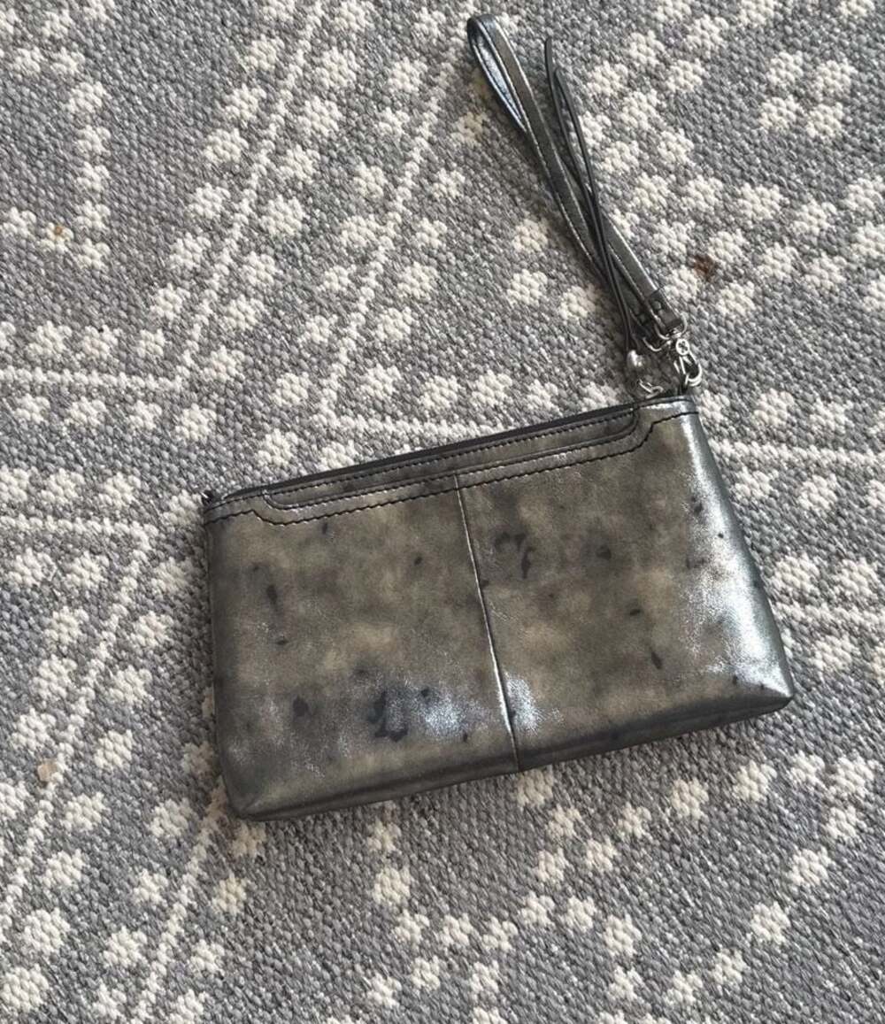 Hobo Metallic Pewter Distressed Leather Zip Top Wristlet
